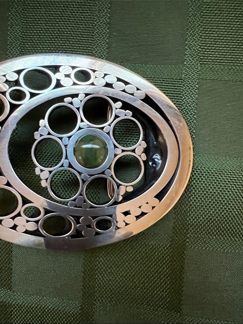Silver Tone Oval Belt Buckle with Cutout Circles and Central Green stone - Picture 2 of 8